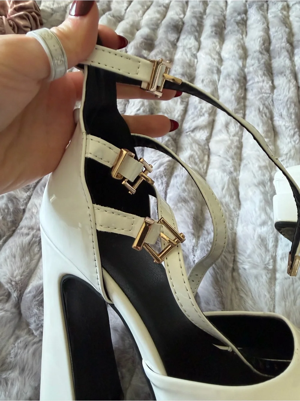 White Patent Platform Mary Jane Heels with Gold Buckles